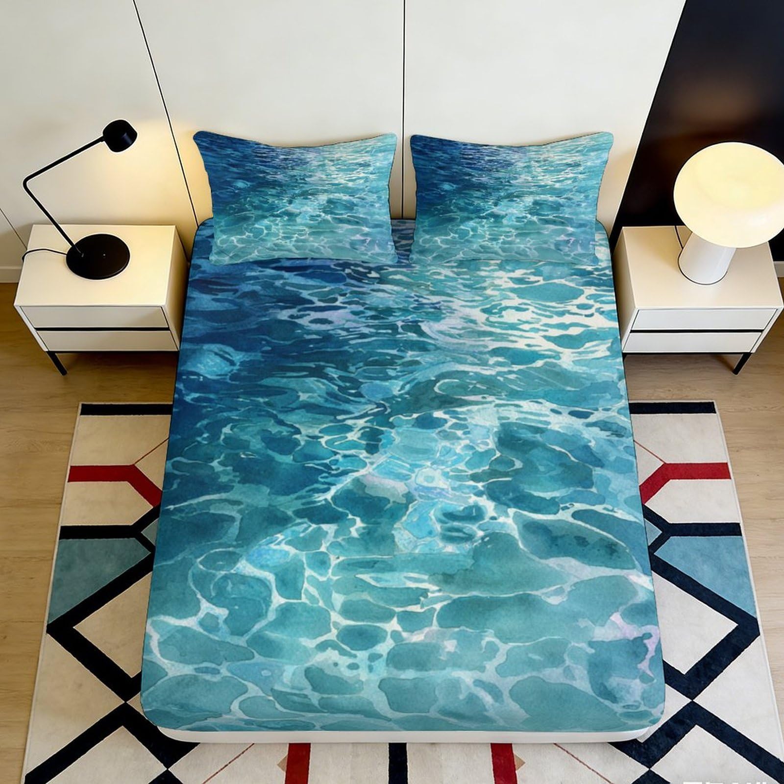 3D Printed Ocean Water Fitted Sheet Microfiber Soft Blue Ripple Mattress Cover for Bedroom Guest Room Decor 90x200x25cm