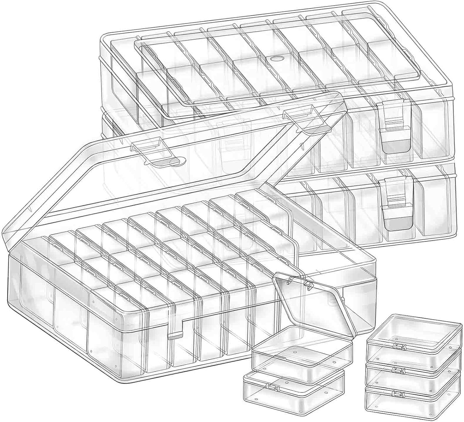 THYSSEN Bead Organizers Box,90Pcs Plastic Mini Clear Storage Cases with 3pcs Hinged Lid Rectangle Case,Bead Containers Transparent Boxes,for Jewelry Beading Crafts Screws Small Parts of Storage
