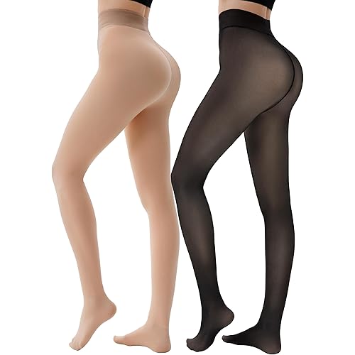 HONGTEYA 2 Pairs Fleece Lined Tights Women - Warm Sheer Pantyhose Fake Translucent Tights Winter Thermal Leggings