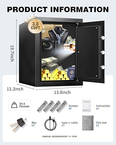 Miniatura 2 de Caja fuerte grande para oficina en casa con alimentación USB-C, alarma y bloqueo digital, caja fuerte de gabinete de seguridad de 3.0 pies cúbicos