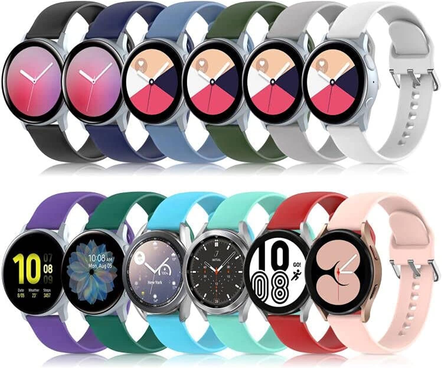 12 Pack Silicone Bands Compatible with Samsung Galaxy Watch Active 2/Active 40mm 44mm/Galaxy Watch 6&5&4 40mm 44mm/Watch 3 41mm/Watch 42mm, Gear S2 Classic/Gear Sports (20mm)(Silver Buckle)