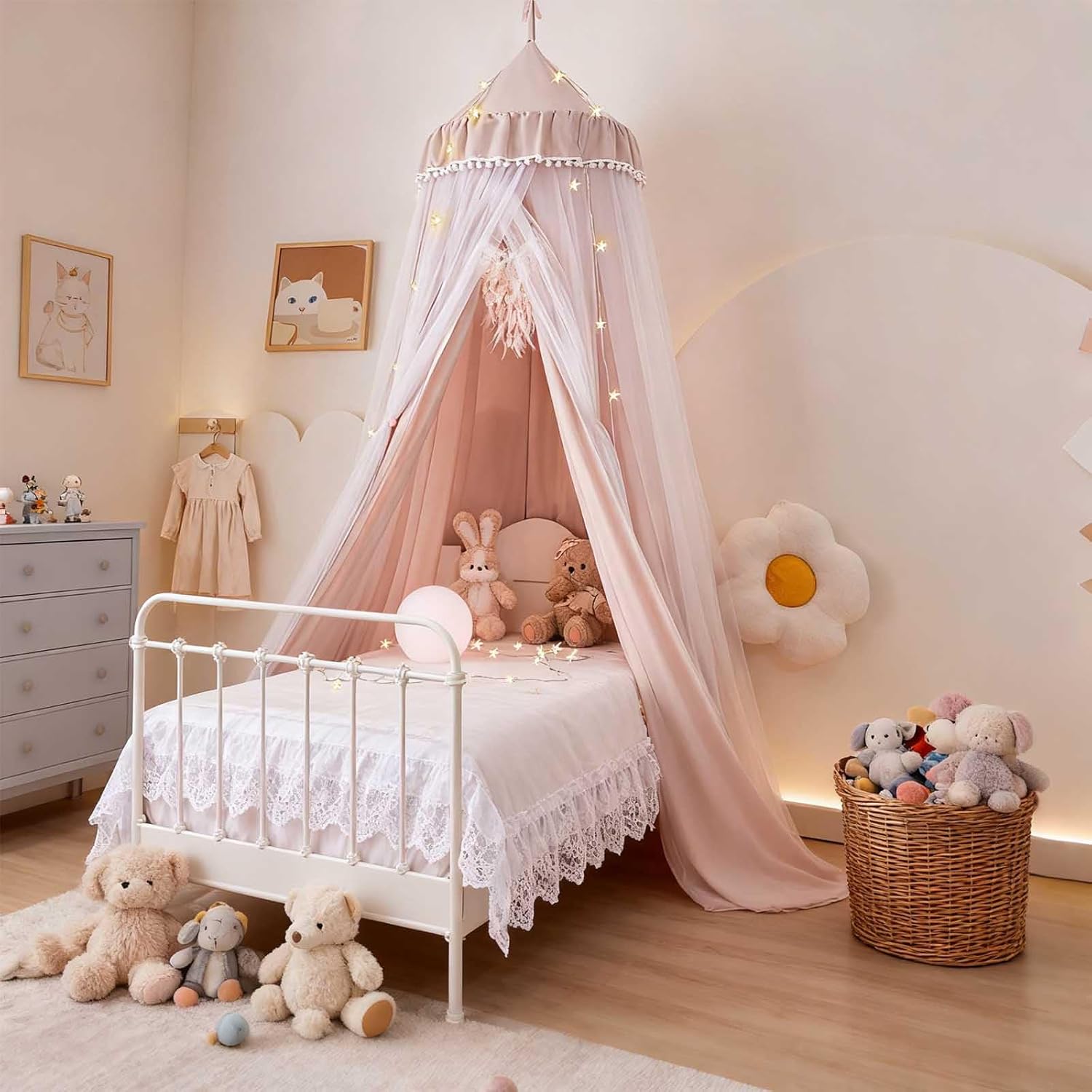 Princess Bed Canopy with LED Star Lights - Double Layer Dreamy Tent for Girls Room Decor, Pink Mosquito Net for Queen Size Bed, Kids Reading Nook & Play Tent, Machine Washable