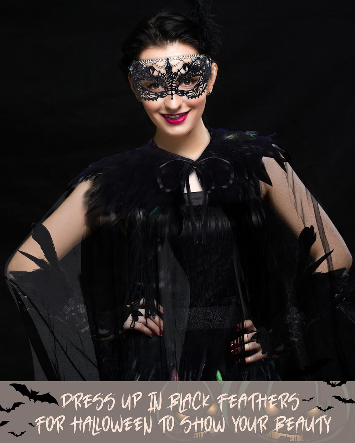 Hercicy 4 Pcs Halloween Cloak Cape Cosplay Black Feather Collar Witch Cape Dress Feather Skirts Lace Long Gloves Witch Spider Web Lace Masquerade Mask for Party Costume
