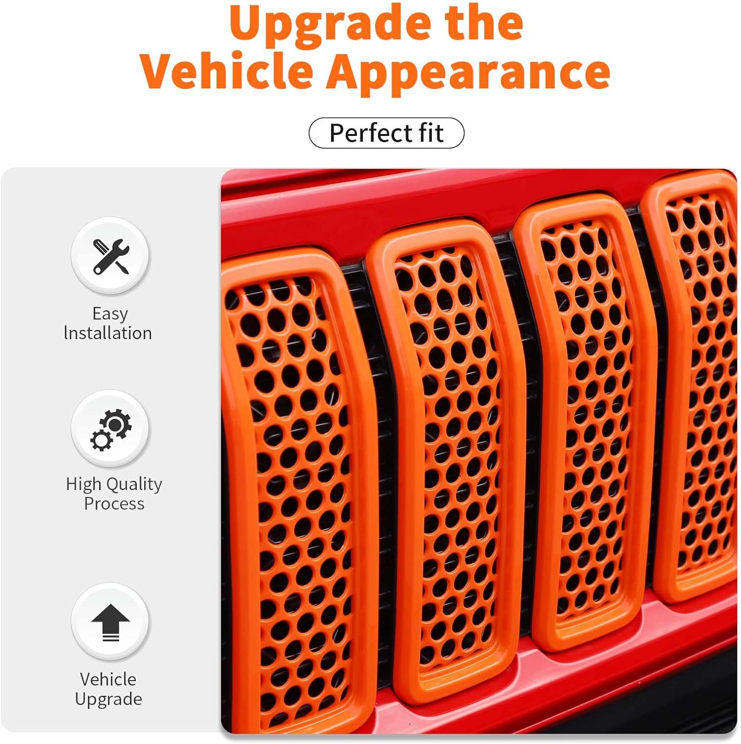 Front Grill Insert Mesh Grille Inserts Cover Kit 7Pcs Compatible with 2024-2025+ Jeep Wrangler JL JLU & Gladiator JT Exterior Accessories (Orange)