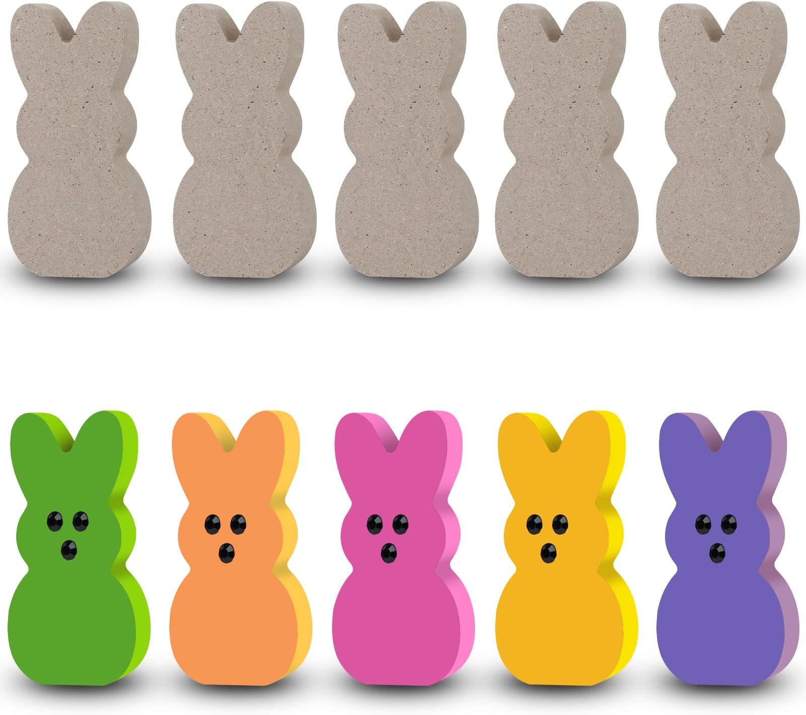 Easter Crafts, 10 PCS Unfinished Wooden Bunnies with 3D Eyes for Kids Art and Craft Activity, Wood Bunny Cutouts for Peeps Decor