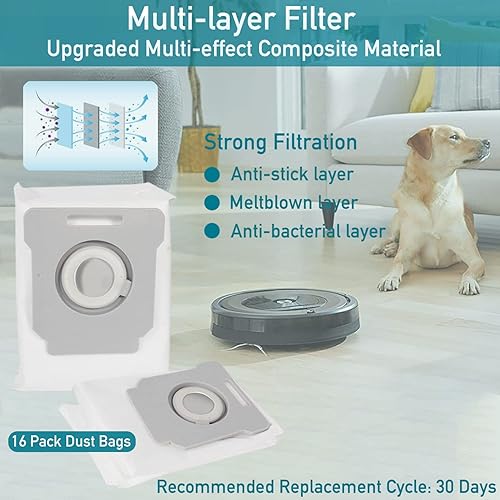 Miniatura 3 de Paquete de 16 bolsas de vacío compatibles con iRobot Roomba i7 i7+Plus (7550) i3+ i4+ i6+ (6550) i8+ (8550) s9+ (9550) I & S Series, bolsas de