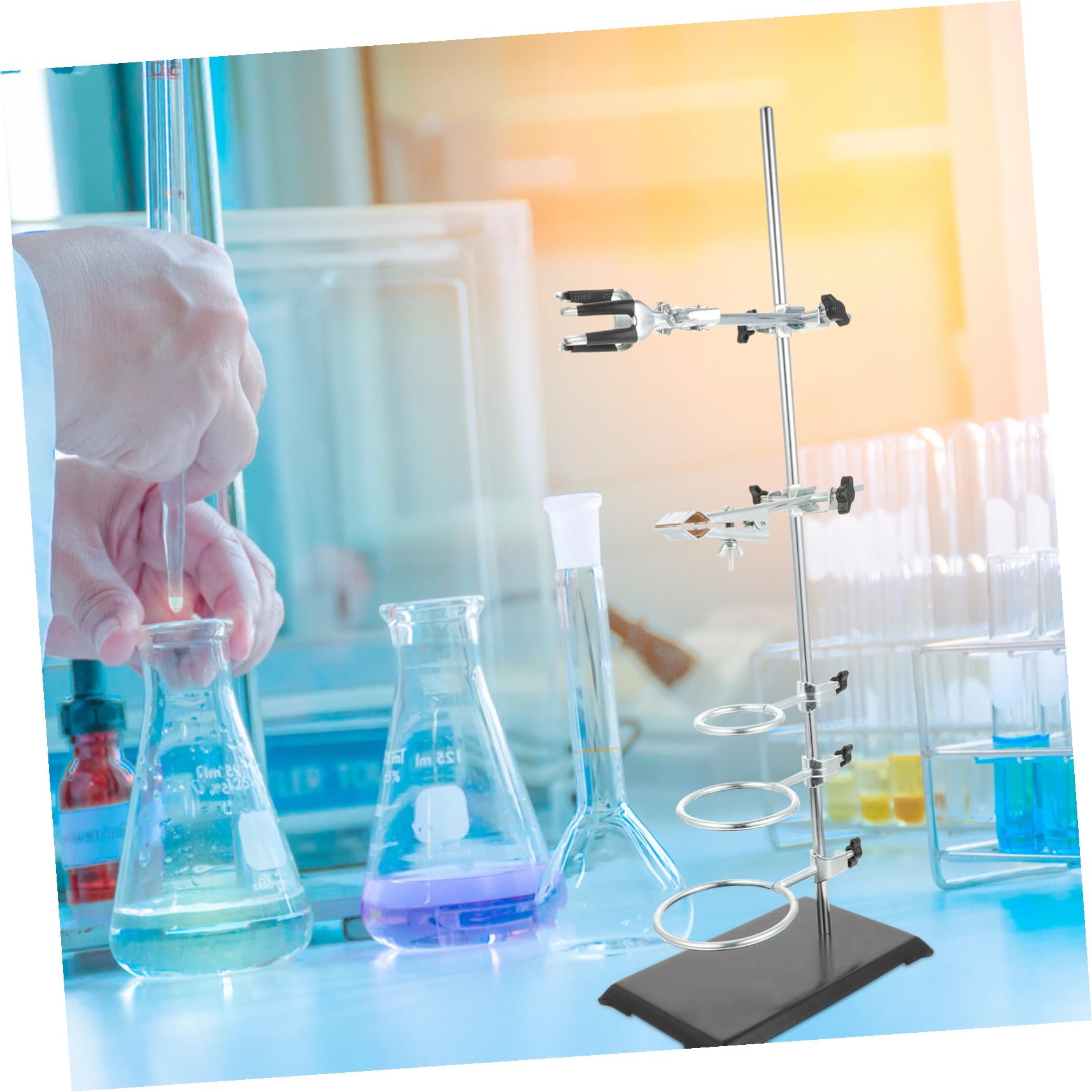 INOOMP Laborstativ aus Eisen mit Stabilem Fuß und 6 Halterungen zur Befestigung Verschiedener Laborinstrumente für Chemische Experimente im Labor