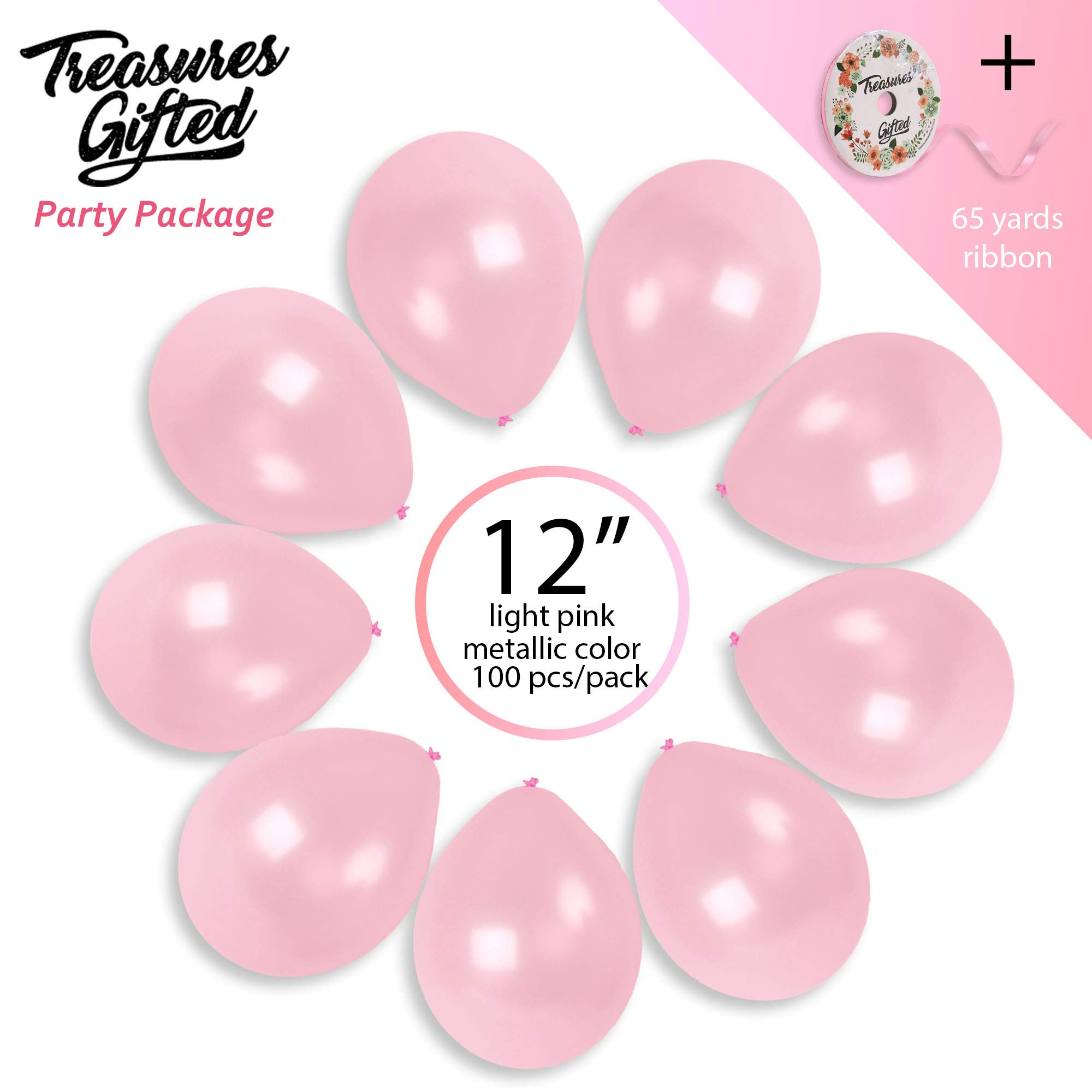 Treasures Gifted Light Pink Balloons - Pearlized Metallic, Blush Baby, Macaron, Pastel, 100 Soft Pearl Pink Nude 12 Inch Latex Balloons