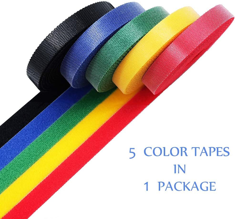KELIFANG Cable Straps, Reusable Cable Ties, Hook and Loop Nylon Fastening Wire Tape Organizer, Cable Management, Self Gripping Cord Rope Holder ( 33feet, 5 Roll, Multi-Color)