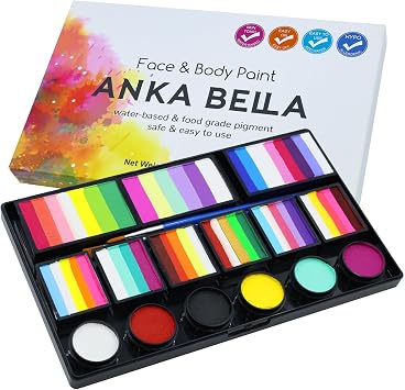Anka Bella Professional Water Activated Face Paint,Non Toxic Face Painting Kit for Kids & Adults,include Rainbow Cake, One Stroke Split Cake and Solid Color Face Paint Palette,Washable and Reusable