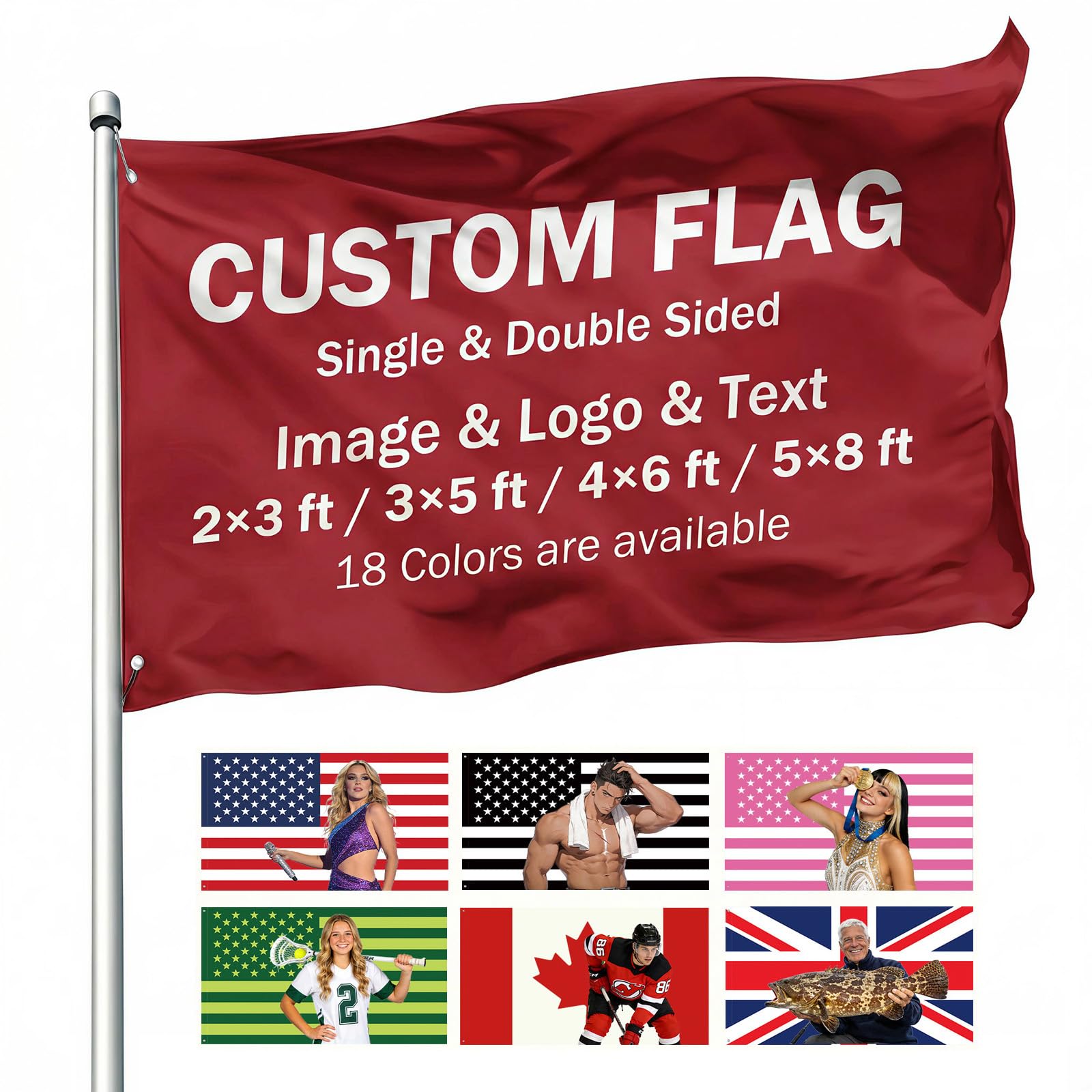 Infiher Custom Flags with Picture Text - Make Your Own Flag for Indoor Outside - 2×3 3×5 4×6 5×8 Ft Customisable Funny Tapestry Banner Flags for Room Dorm Club Bar Garden Party Festivals Decor(Red) — image 1