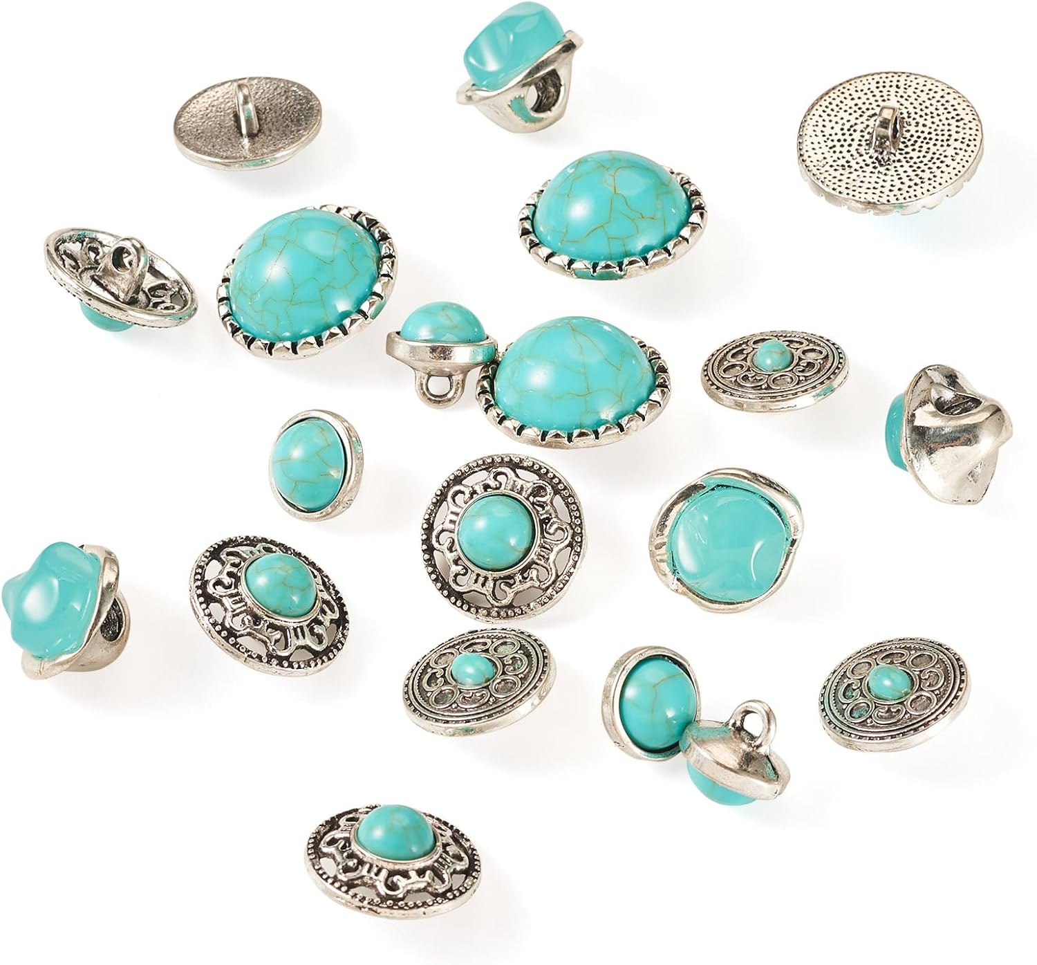 Beadthoven 20pcs Turquoise Alloy Buttons Antique Silver Metal Shank Buttons Vintage Flat Round Sewing Buttons Single Hole Blazer Buttons for Clothes Suits Coats Jackets Uniform Crafting Replacement
