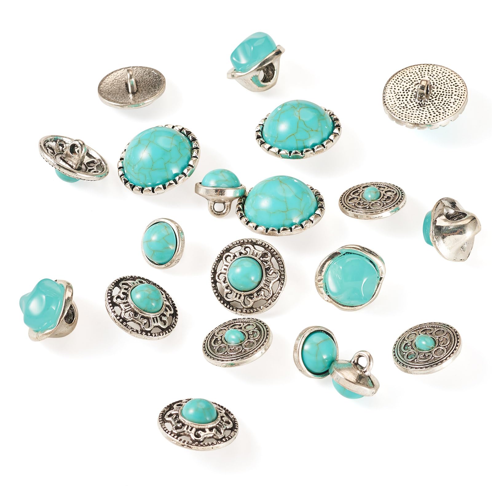 ＊Tibet turquoise Button type Spritewelry 20Pcs Turquoise Buttons Tibetan Flat Round Alloy