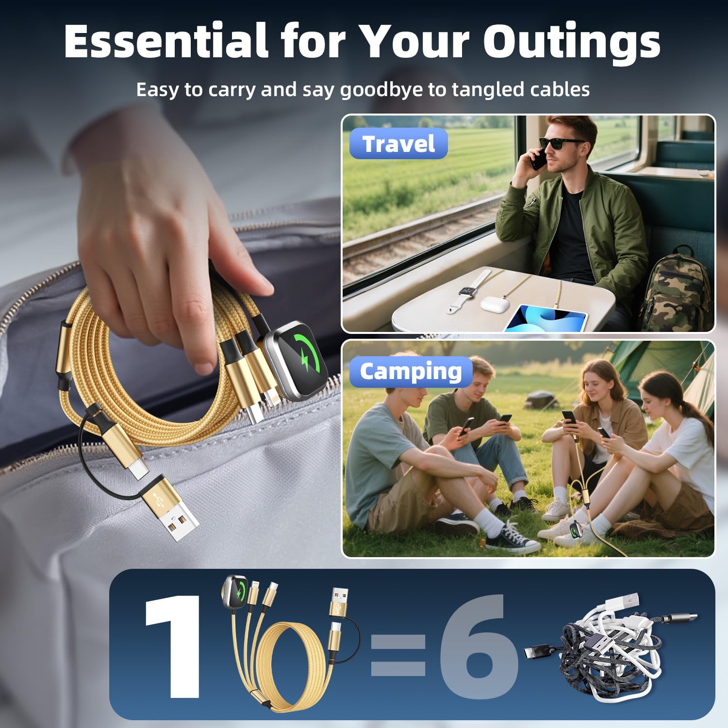 Cavo USB intrecciato 3 in 2 con connettori Apple Watch/tipo C/Lightning, oro, compatibile con più dispositivi, cavo di nylon