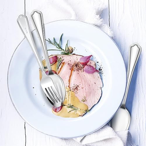 Miniatura 6 de E-far - Juego de 16 cucharas y tenedores de acero inoxidable festoneado, 8 tenedores y 8 cucharas de cena, cubiertos de metal modernos para cocina y