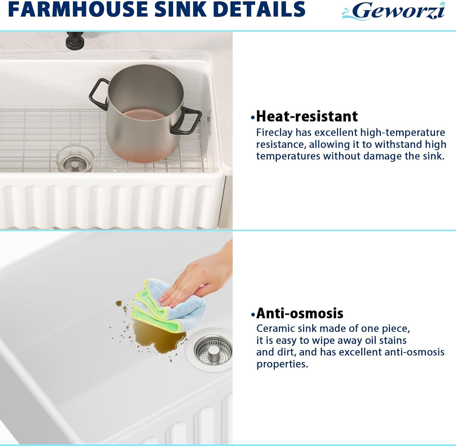 White Farmhouse Sink 33 Inch - Geworzi 33x18 Farm Kitchen Sink Fireclay Reversible Apron Front Deep Single Bowl Sinks,White Ceramic Porcelain Farmer Style Barn Sinks, 33''x18''x10''