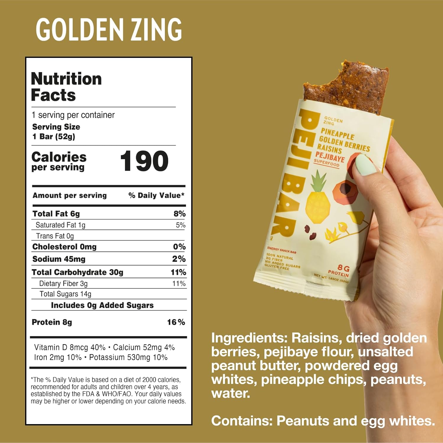 PEJI BAR Superfood Energy Bars | Golden Zing Pineapple Golden Berry Flavor | Gluten Free, 8g Protein, Fiber, Whole Ingredients, No Sugar Added | Adventure Ready Snack, 12 Count