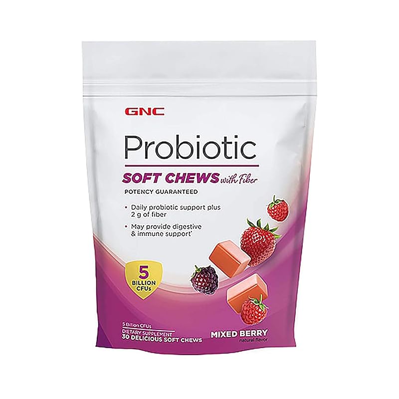 GNC Suplemento probiótico em gomas macias com fibra, 5 bilhões de UFC, sabor frutas vermelhas, 30 gomas