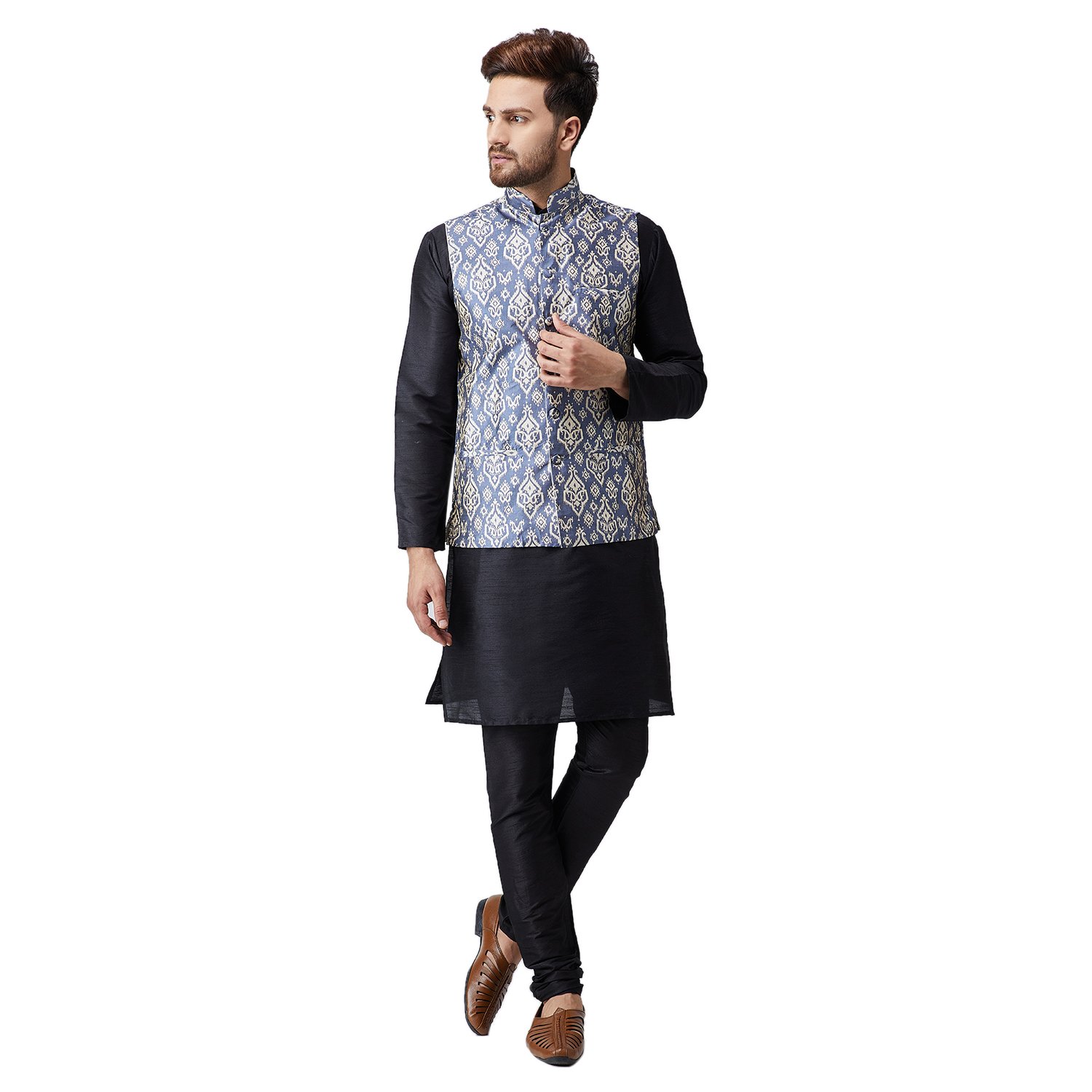 Sojanya (Since 1958, Men's Silk Kurta Pyjama & Printed Nehru Jacket Set