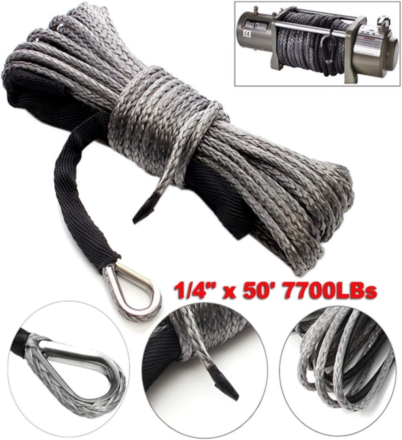 LIAMOS Winch Rope Cable, Winch Rope String Line Cable with Sheath Gray Synthetic Towing Rope 15m 7700LBs Car Wash Maintenance String for ATV UTV Off-Road Long Resistance to Wear(Rojo)