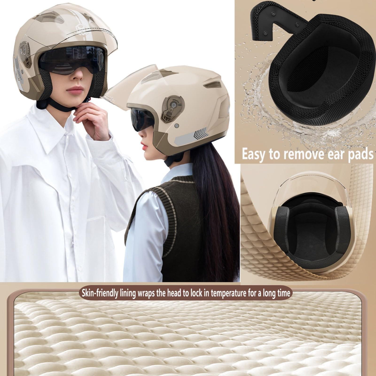 Kask motocyklowy dla dorosłych mężczyzn Homme damski, 3/4 kask z podwójnymi wizjerami, kask motocyklowy w stylu retro z certyfikatem DOT/ECE