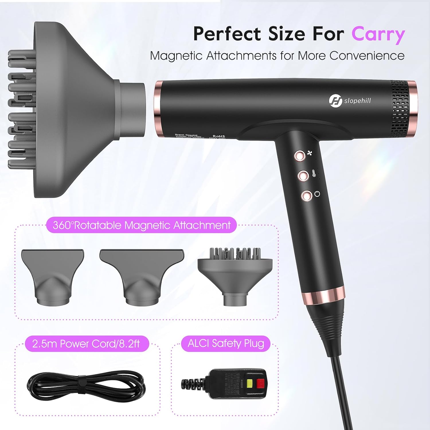 slopehill Professional Ionic Hair Dryer with Diffuser - Lightweight, Compact, Powerful & Fast Salon Blow Dryer with High Speed Brushless Motor for Travel, Women & Men (Ceramic, Black) - Image 5