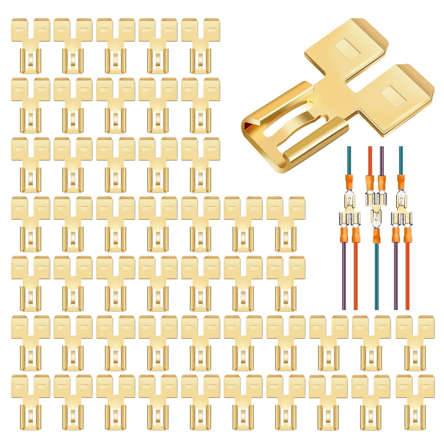 NALACAL Piggyback Spade Connectors, Quick Disconnect Electrical, 2 Way Wire Terminals Adapter Non Insulated Male Single Female Tab Slip Brass Automotive Double Spade Connector 1/4" Tab (30)