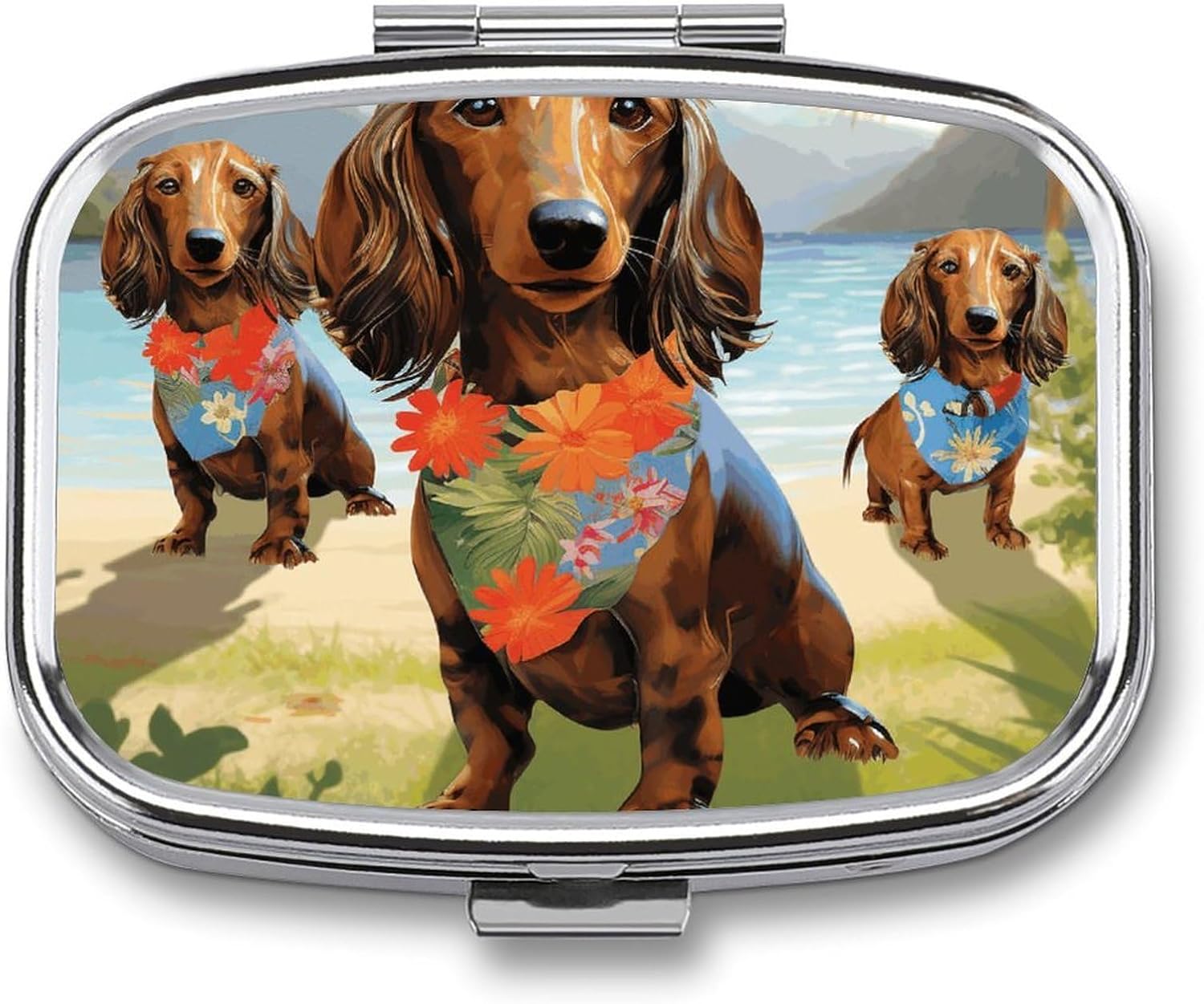 Dachshund Tropical Painting Art Square Pill Case, Metal Pill Organizer
