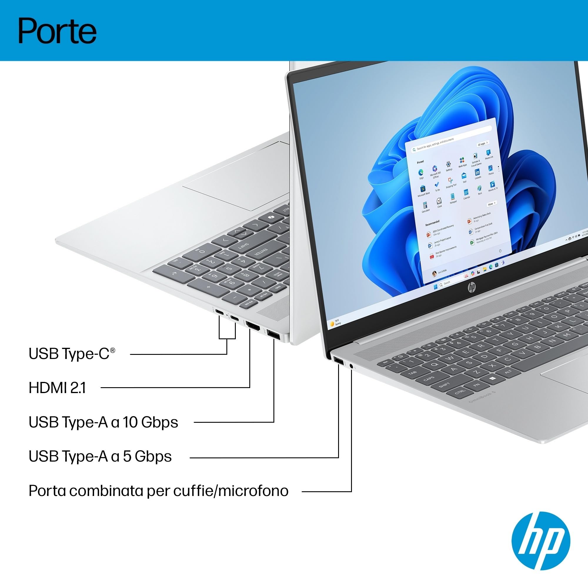 HP OmniBook 5 16-ag1004s, Notebook, (Processore AMD Ryzen AI 7 350, 24GB RAM, 512GB SSD, Windows 11), Lavoro d'ufficio avanzato, Multitasking, Computer portatile, Tastiera Italiana QWERTY, Argento