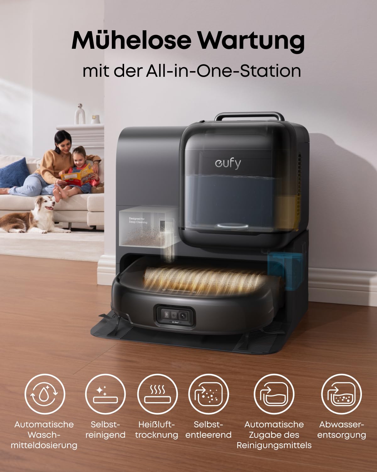 Robot sprzątający z mopem eufy E28(odnowiona) Omni, system HydroJet, z przenośnym urządzeniem do gruntownego czyszczenia dywanów, moc ssąca 20 000 Pa, zero splątań, gruntowne sprzątanie rogów