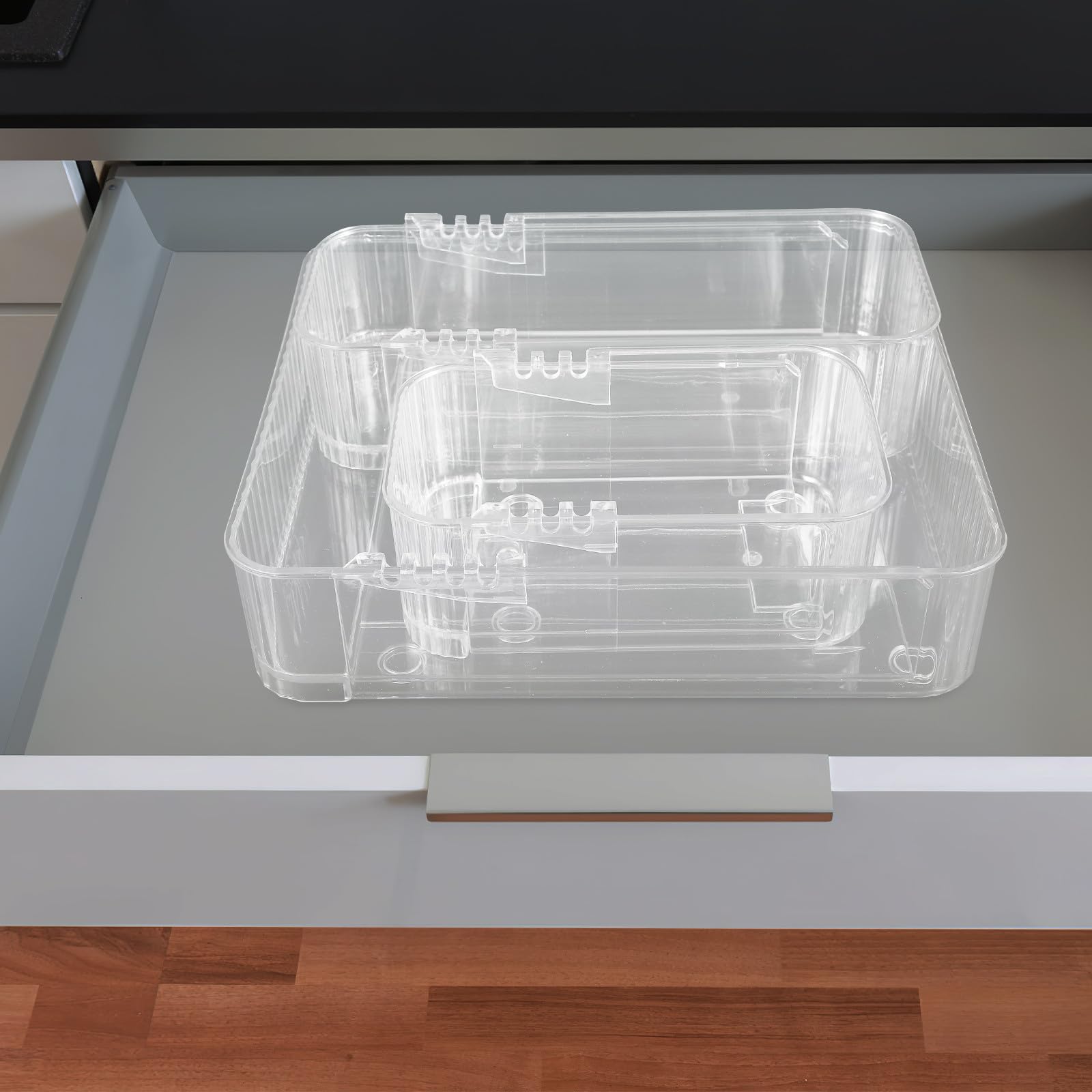 Juego de 3 organizadores de cajones expandibles (mano pequeña grande), divisor ajustable para oficina, cocina, tocador, contenedor de almacenamiento transparente, solución que ahorra espacio