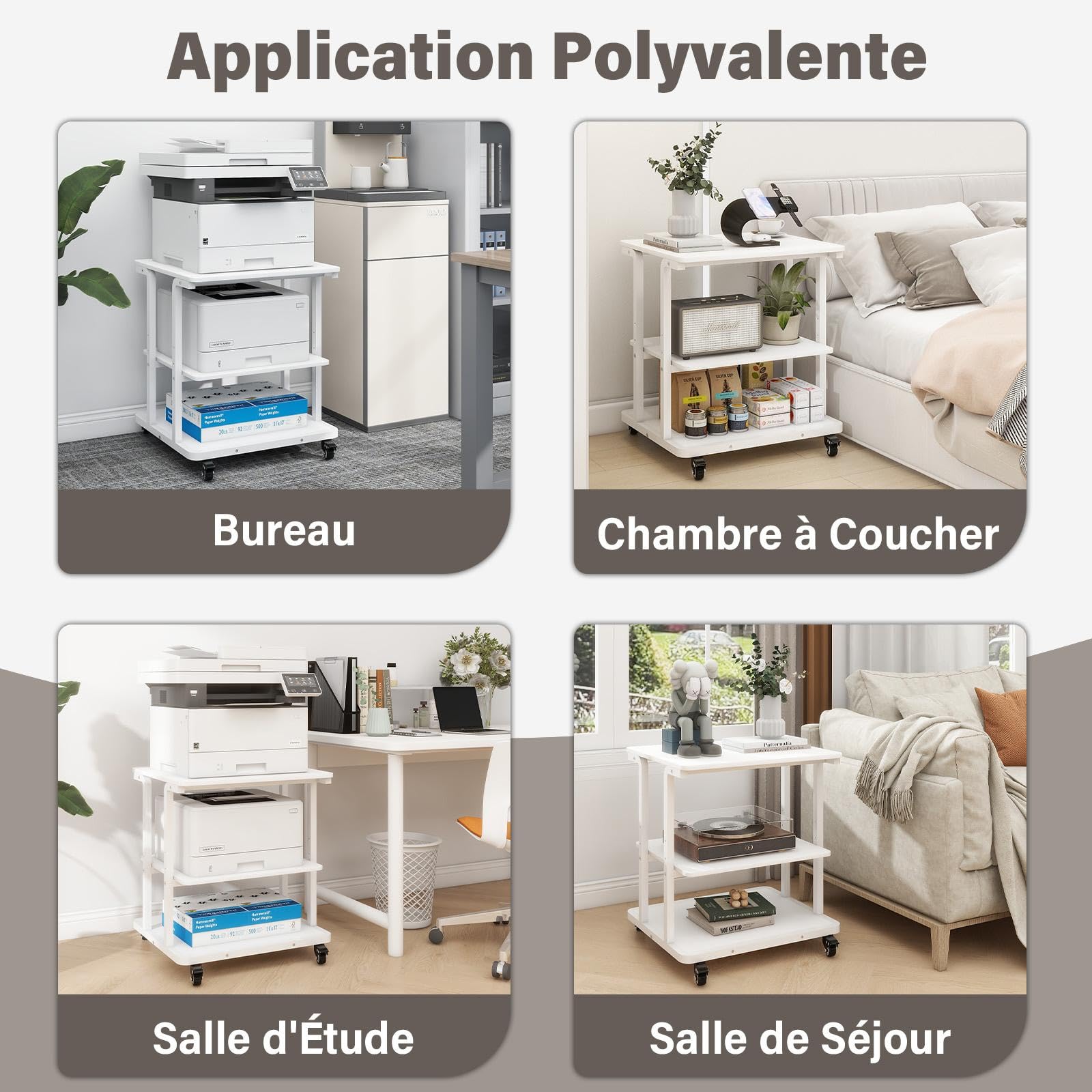 PUNCIA Support Imprimante à 3 Niveaux Meuble Rangement 60x50x68CM (Blanc) | Table de Chevet avec Roulettes Caisson Bureau de Rangement Organisateur de Stockage Charge de 90KG pour Bureau à Domicile