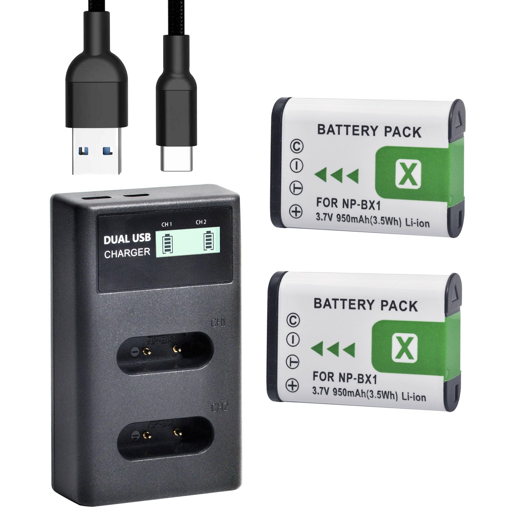 QUMOX 2pcs 950mAh NP-BX1 Battery + LCD Dual USB Charger with Type C Port for Sony NP-BX1/M8, DSC-HX80, HX90V, HX95, HX99, HX350, RX1, RX1R II, RX100 (II/III/IV/V/VA/VI) HDR-AS50, AS300