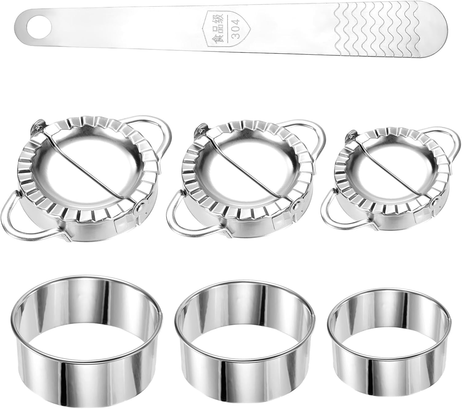 7pcs Stainless Steel Dumpling Maker Set, Include 3 Size Dumpling Press Maker Mold 3 Size Dough Cutter 1 Stuffing Scoop for Jiaozi Empanada Ravioli Pierogi & Hand Pie