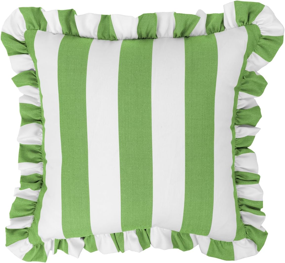 Sherry Kline Cabana Stripe Outdoor Throw Pillow Set of 2, 18x18 Inch Square Decorative Cushions with 2" Ruffle Trim, Reversible Indoor Patio Porch Pool Sofa Accent Pillows, Made in USA – Green/White