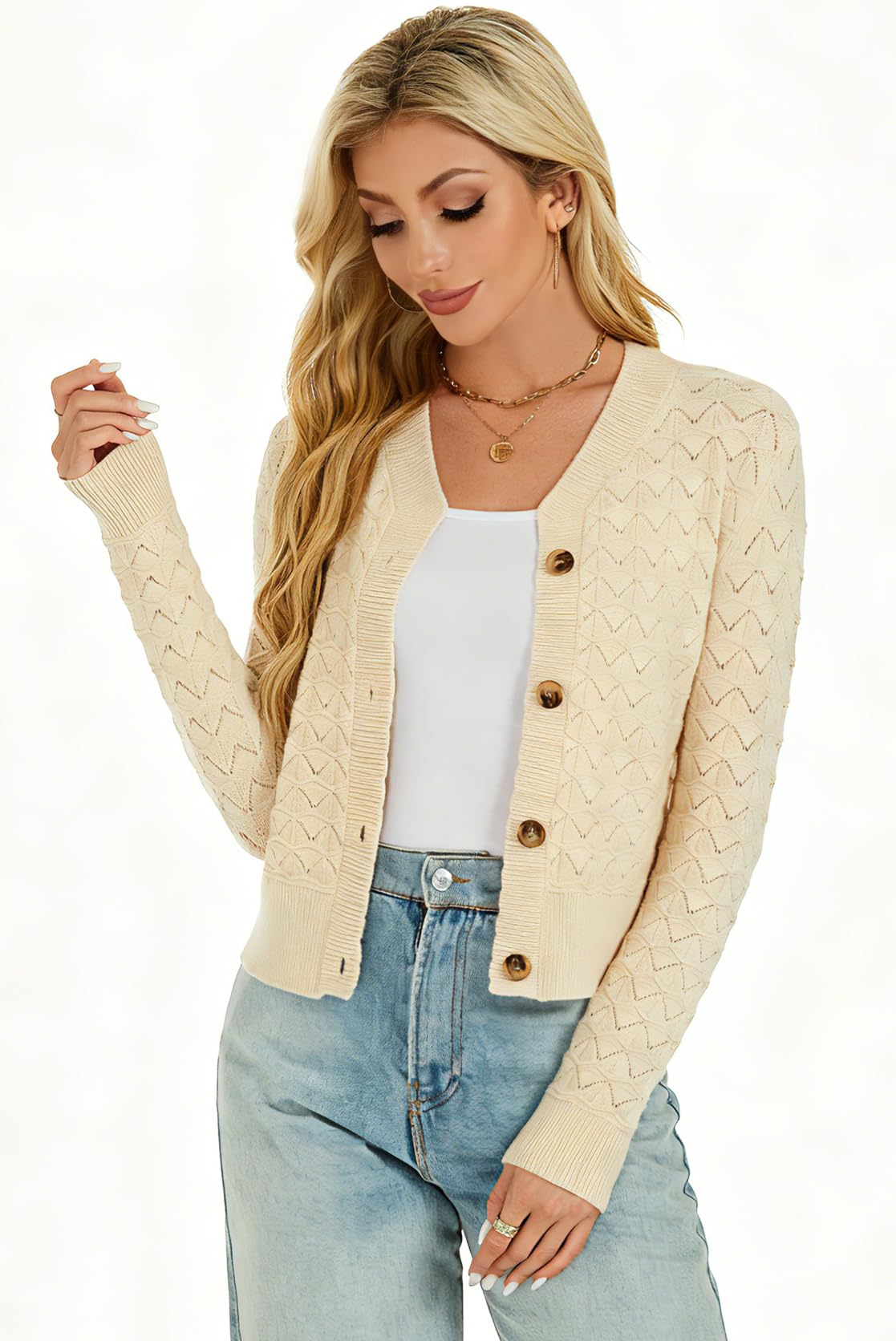 Bolero Mujer Cardigan Corto Hueco Grueso Chaqueta de Punto Manga Larga con Botones Rebecas Cuello V Antiguo Básico Clásico