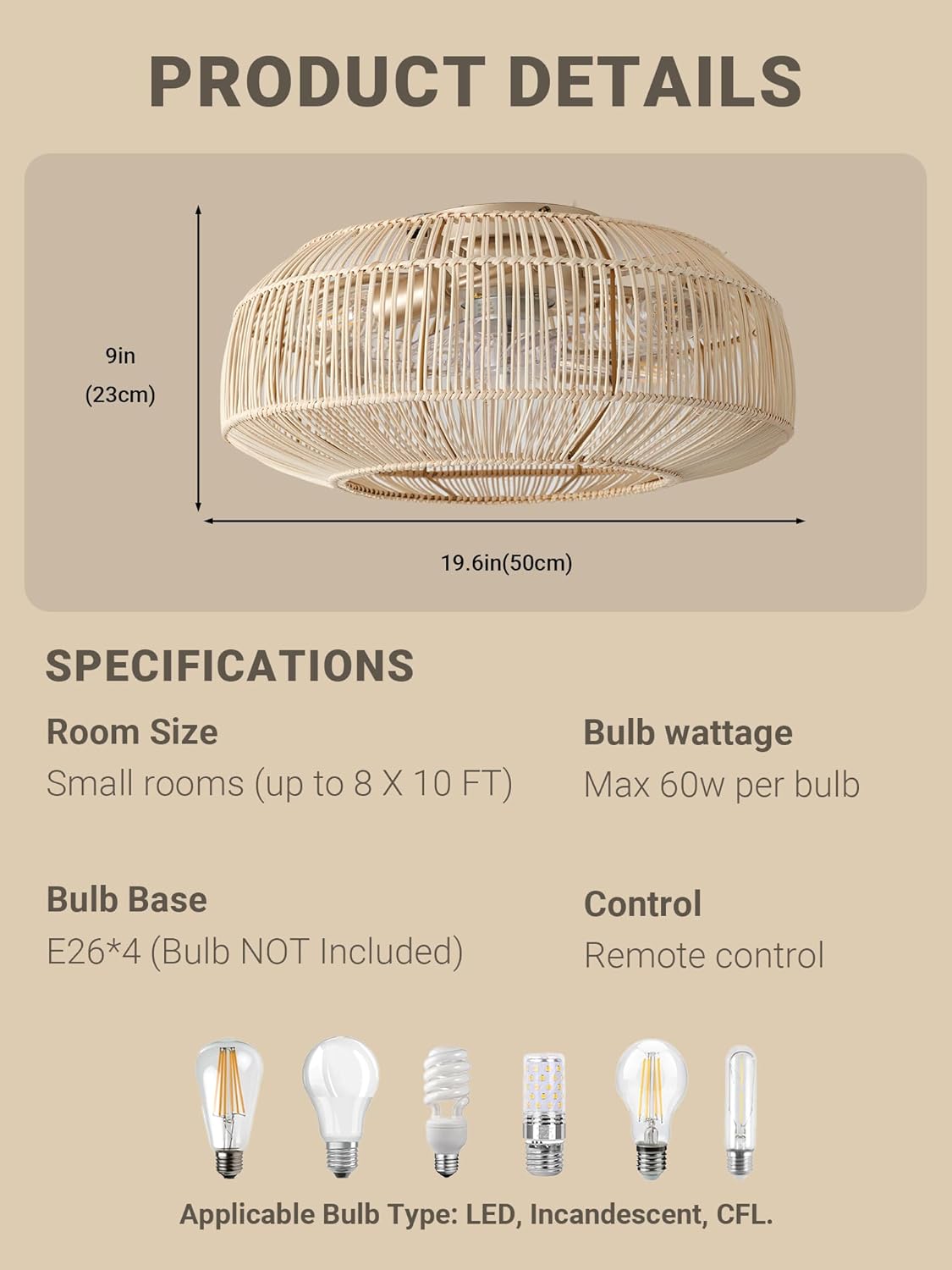 20in Boho Caged Fandelier with Lights, Rattan Low Profile Ceiling Fan with Remote Control, 6 Speeds Flush Mount Ceiling Fan with Light for Bedroom,Living Room,Kitchen