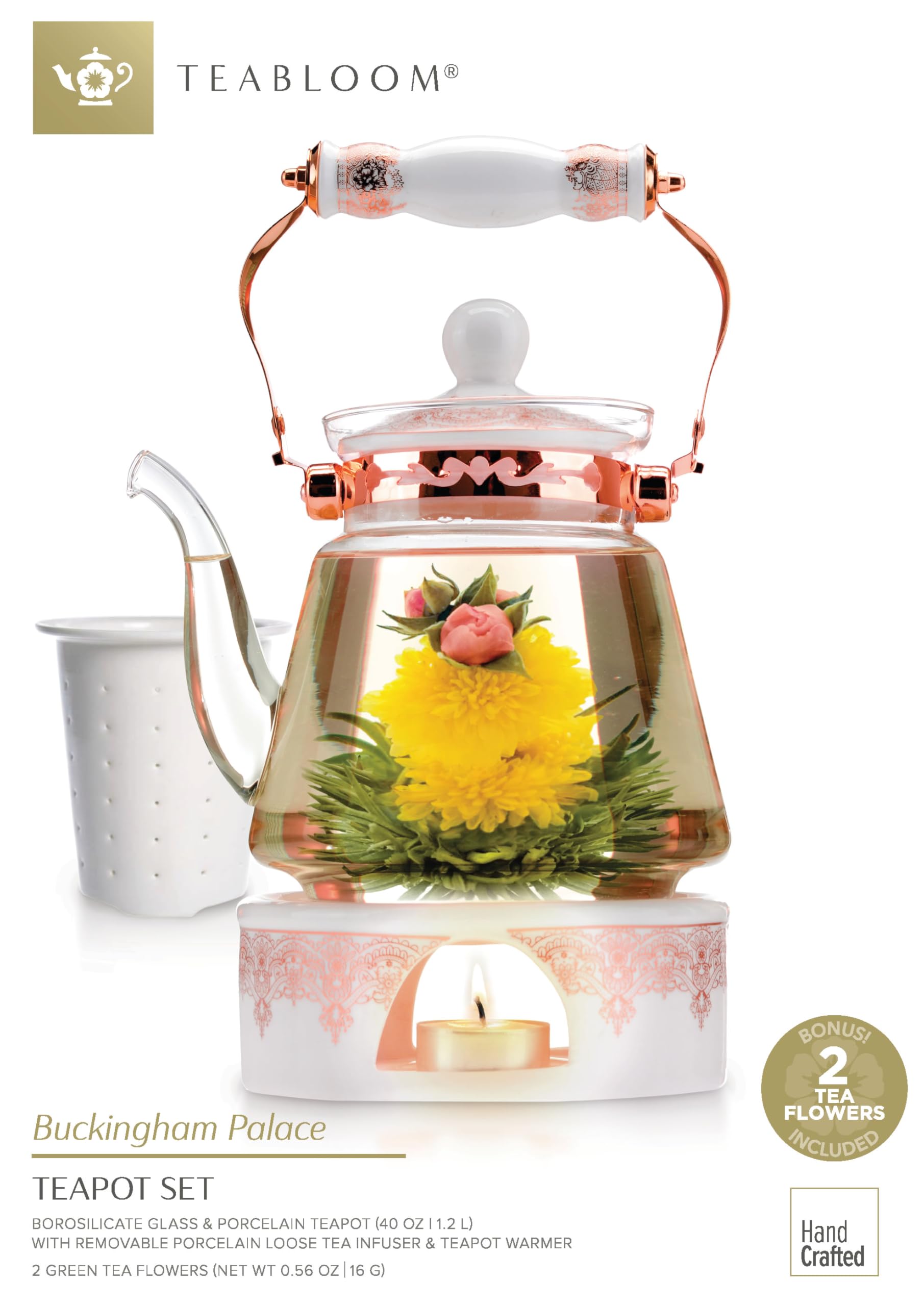Teabloom Teekanne Buckingham Palace & Blühendes Teegeschenk Set - Herdplattensichere Teekanne (1200 ml), Porzellandeckel, Teewärmer, Infuser aus Porzellan für losen Tee, 2 blühende Gourmet Rosen Tees