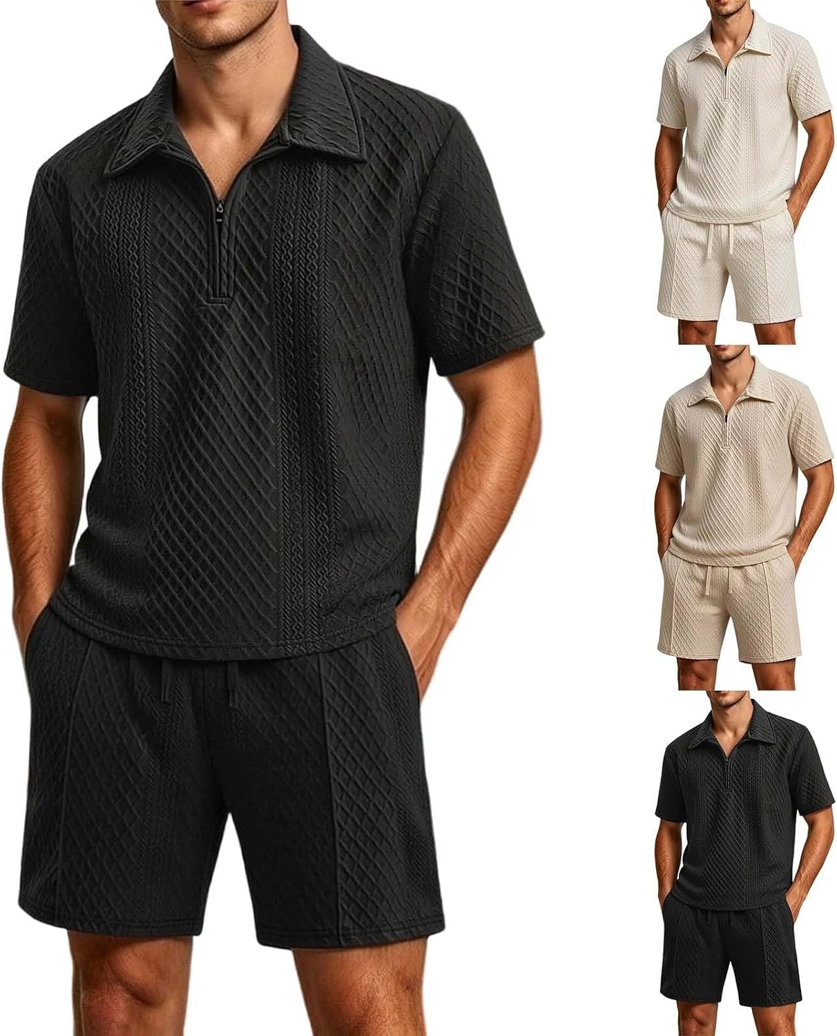 Cambkatl Men's Jacquard Shorts with Half Zip Lapel T-Shirt Sets Summer Short Sleeve Business Casual Outfits with Pockets