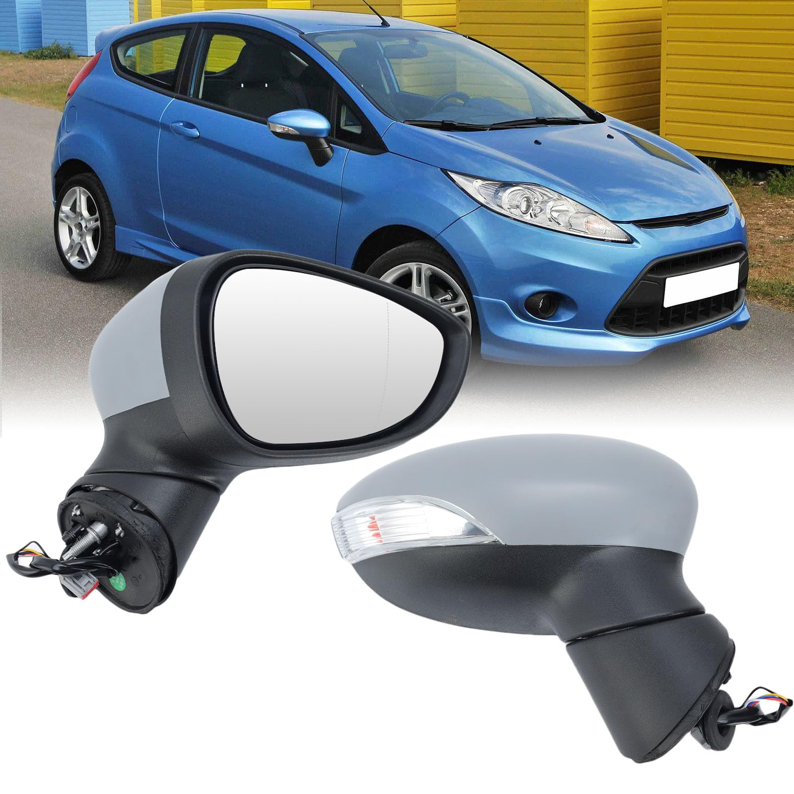 Außenspiegel Rechts elektrisch verstellbar beheizt, 8-Pin Anschluss, passend für Ford Fiesta MK7 2008-2012, grundierte Abdeckung Manuell einklappbar mit Blinker