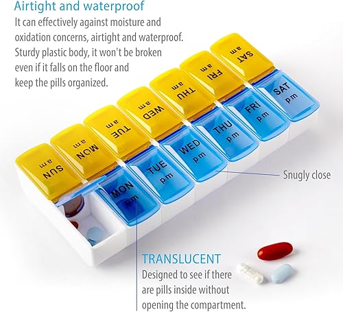 Miniatura 8 de Deke - Organizador de pastillas desmontable, 14 compartimentos diarios, ranura AM PM, contenedor de dosis semanal, soporte para medicamentos,