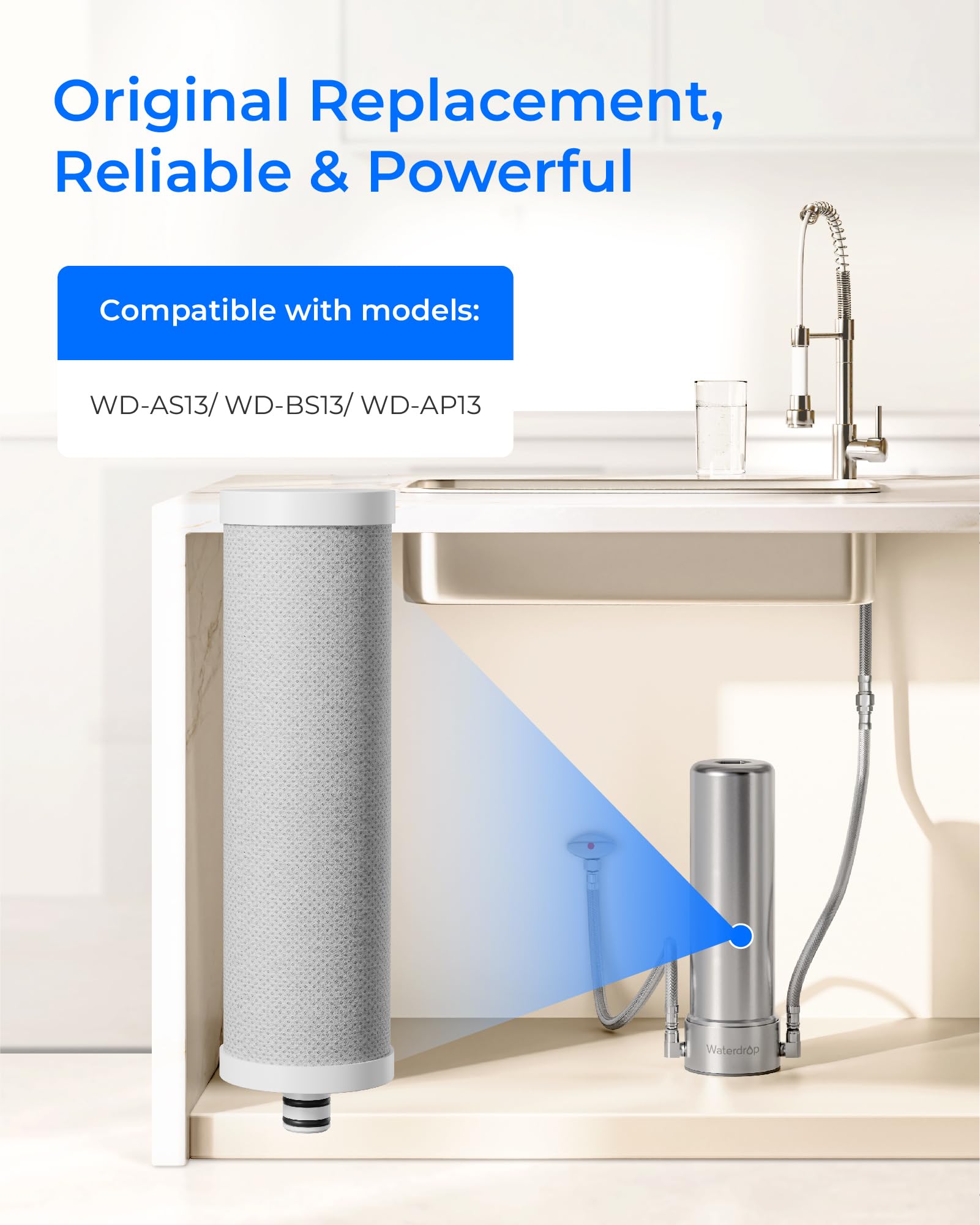 Waterdrop WF13 Filtration Remplaçant pour Évier AS13/BS13/AP13, NSF/ANSI 42 Certifié, Aucun Perçage Nécessaire, Filtration 6 Étapes, Réduit PFOA/PFOS, Plomb, Chlore