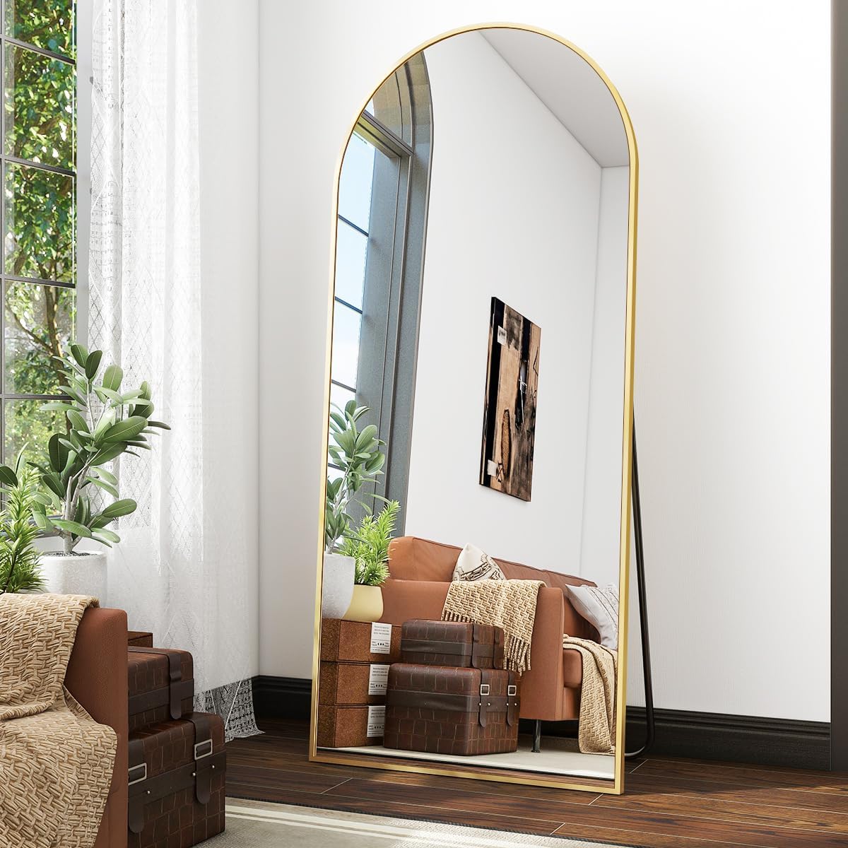 Koonmi Espejo de arco grande, espejo de pie, de cuerpo completo, con tapa curva, montaje en pared, para sala de estar, dorado, 76 x 171 cm