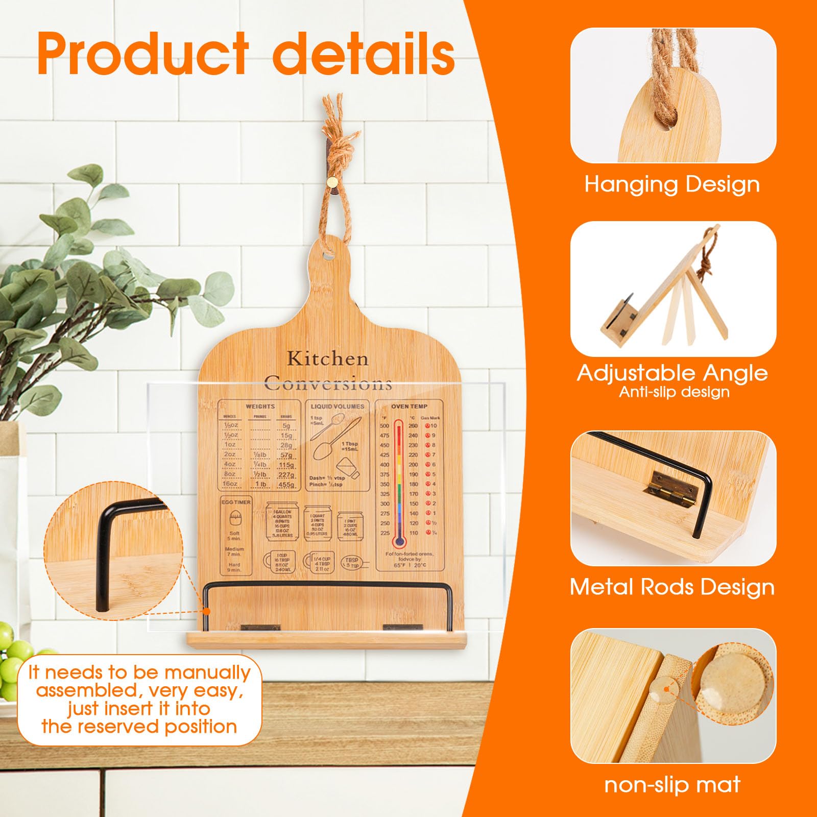DZBJIPT Bamboo Cookbook Stand Suit,Cookbook Holder with Acrylic Splashe Guard,Cook Book Stand for Kitchen Counter,Cooking Gift for Wife Mom Grandma on Mother's Day Birthdays - Image 3
