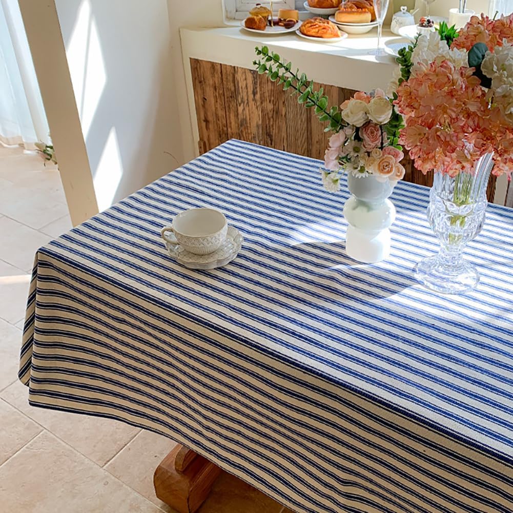 vctops Blue and White Striped Tablecloth Rustic Cotton Linen Dust Proof Table Cover for 6-8 Seat, Washable Rectangle Table Cloth for Kitchen Dinning Party Decor, 55"x79"