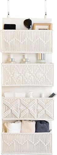 Organizador de macramé para colgar sobre la puerta, con 4 bolsillos grandes tejidos, cesta colgante para baño, cuarto de bebé y puertas de armario,