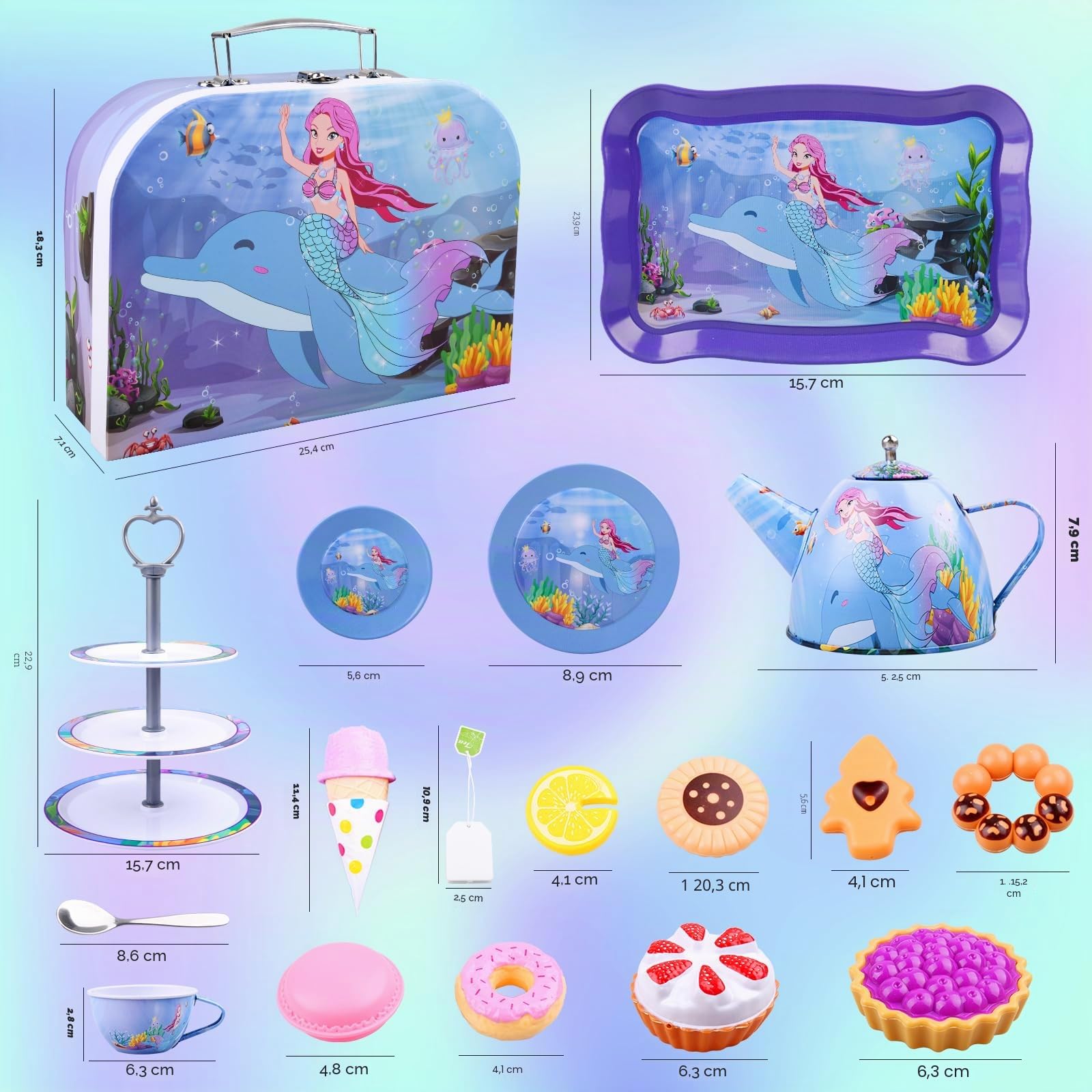 36 PCS Set da Tè Giocattoli per Bambini, Giocattoli Unicorno di Latta Tea Party Finta di Giocare con Dessert Donut, 13 PCS Giocattoli da Dessert Regalo per Bambina (sirena)