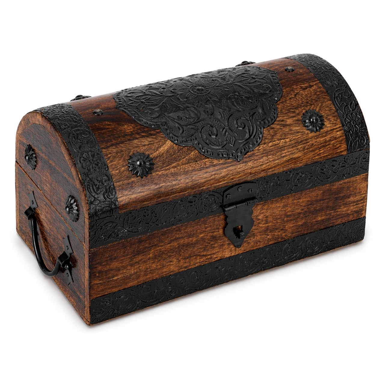 Ajuny Handcrafted Wooden Pirate Treasure Chest - Vintage Jewellery & Keepsake Box with Shell Strips, Large Decorative Trinket Storage Holder Organiser for Home Decor Gift, 11 x 6 Inch