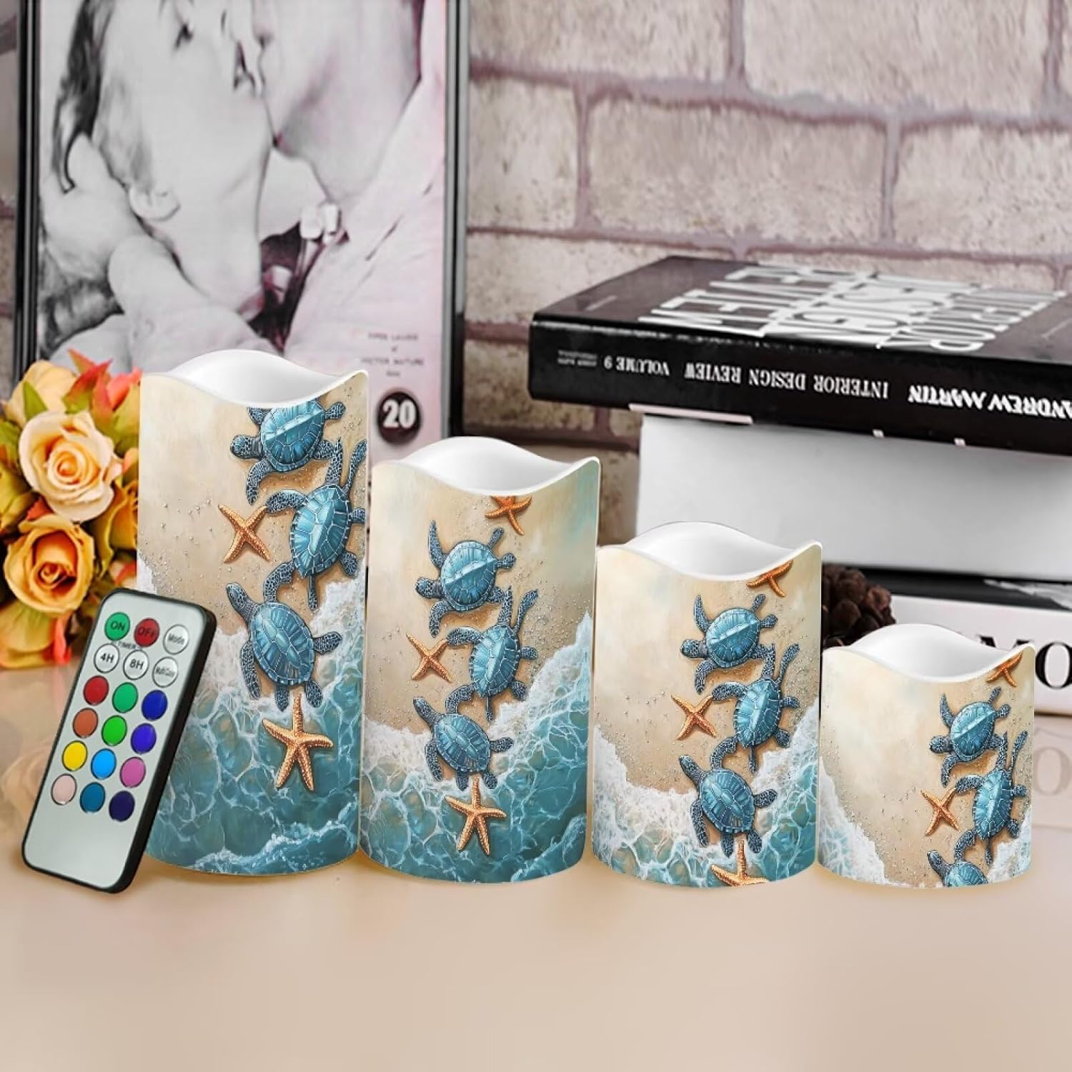 Ystardream 4PCS Flameless Candle Sea Turtle Led Flameless Candles with Remote Fake Candles that Look Real for Home Living Room Bathroom Bedroom Decor,Starfish