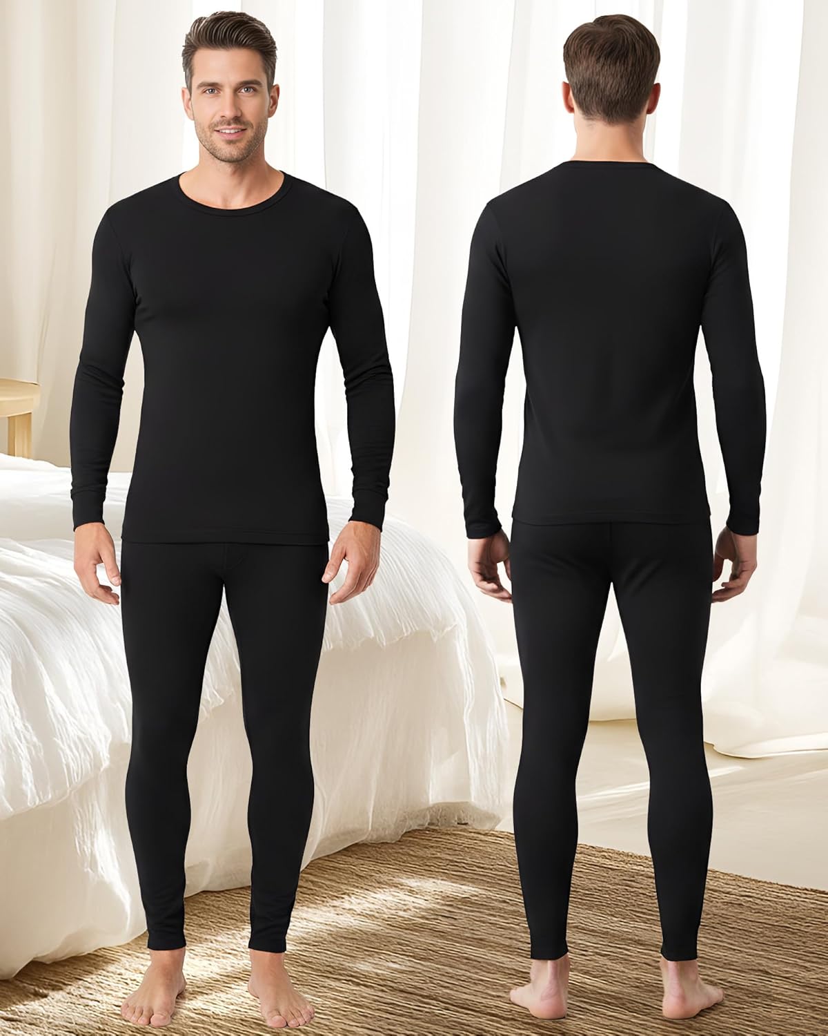Patelai 2 Pack Thermal Underwear for Men Fleece Lined Winter Base Layer Set Long Sleeve Crew Neck Top and Bottom - Image 2